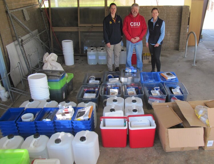 Natalie Jenkins, Graeme Heath and Ashley Amourgis and components of the field monitoring kits