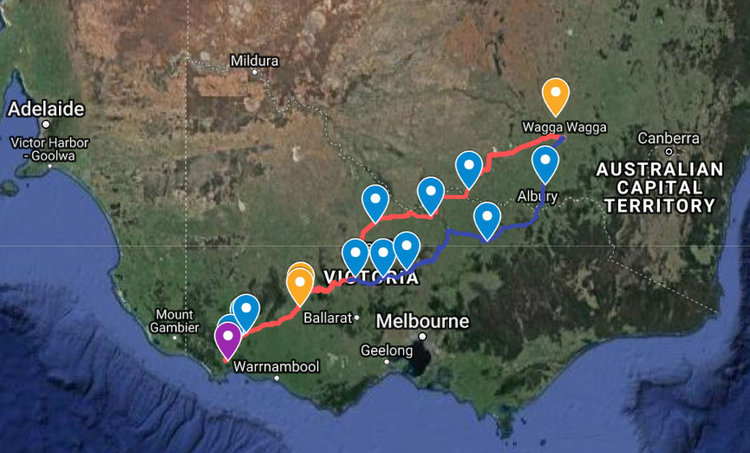 Figure 4: Dung beetle monitoring activity Wagga to Heywood (blue – flotation experiments, orange – pitfall trapping; purple - workshop location).